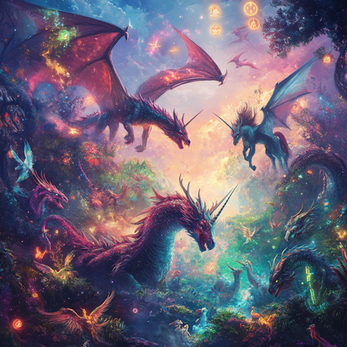 Dragons and unicorns in a glowing mythical zoo
